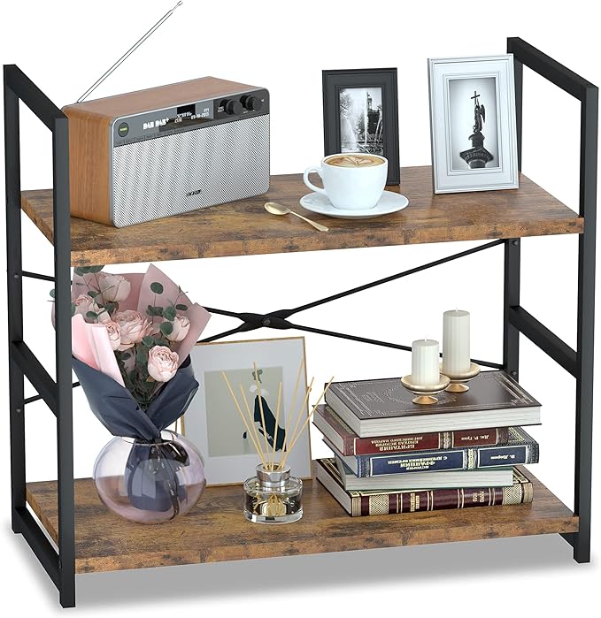 NUMENN 2 Tier Bookshelf, Tall Bookcase Shelf Storage Organizer, Modern Book Shelf for Bedroom, Living Room and Home Office, Vintage
