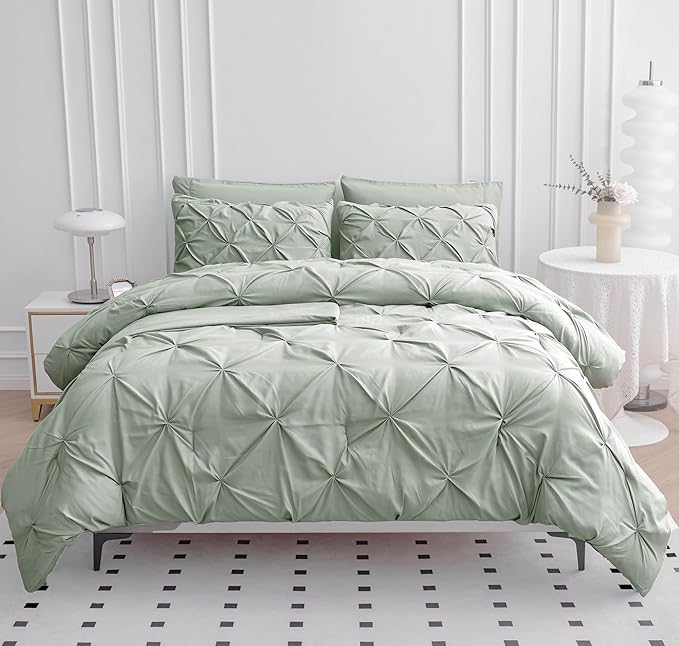LANE LINEN Twin Comforter Set, 5 Piece Twin Bedding Sets, Ultra Soft Pintuck Twin Bed in a Bag Set with Down Alternative Comforter, Sheets, Pillowcase & Sham, Pinch Pleated Kids Bedding Set - Mineral