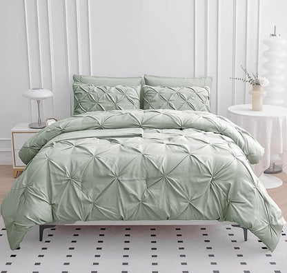 LANE LINEN Twin Comforter Set, 5 Piece Twin Bedding Sets, Ultra Soft Pintuck Twin Bed in a Bag Set with Down Alternative Comforter, Sheets, Pillowcase & Sham, Pinch Pleated Kids Bedding Set - Mineral