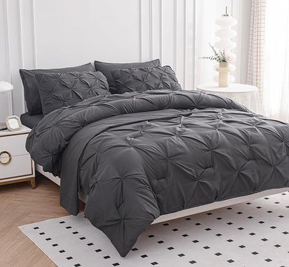 LANE LINEN Queen Size Comforter Set, 7 Piece Bedding Queen Size, Pintuck Comforters Queen Size Bed Set, Soft Queen Bed in a Bag Set, Queen Bed Comforter Set with Sheets, Pillowcases & Shams - Grey