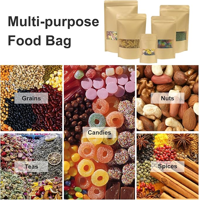 SumDirect Kraft Food Bags with Window - Resealable Kraft Stand Up Pouches, 50Pack 7X10inches Zipper Food Storage Bags for Packaging