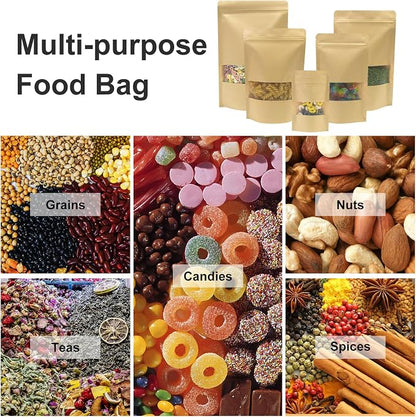 SumDirect Kraft Food Bags with Window - Resealable Kraft Stand Up Pouches, 50Pack 7X10inches Zipper Food Storage Bags for Packaging