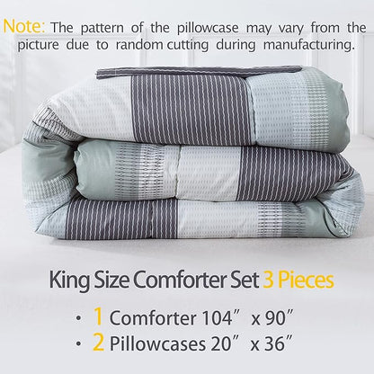 Andency Stripe Comforter Set King Size (104x90 Inch), 3 Pieces Mint Green Patchwork Striped Comforter, Soft Microfiber Down Alternative Comforter Bedding Set with Corner Loops