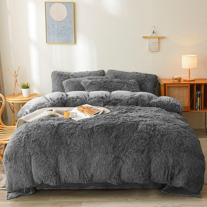Fluffy dark grey comforters Cover twin size - Ultra Soft Plush dark grey bedding Sets 2 Pieces (1 faux fur comforter Cover + 1 fuzzy pillow case) girls shaggy dark grey twin bed set (Dark Grey, Twin)