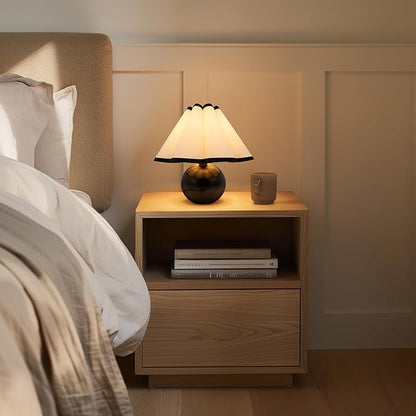 Brightech Blair LED Table Lamp - Small Modern Black Table Lamp with Marble Globe Base, Pleated Shade for Bedroom, Bedside, Side Table - Ambient Night Light with Soft White Light for Desk, Living Room