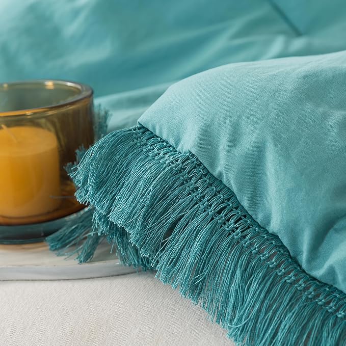 Andency Aqua Tassel Comforter Set Full(79x90Inch), 3 Pieces(1 boho Comforter, 2 Pillowcases) Farmhouse Shabby Chic Comforter Set, Soft Microfiber Lightweight Fringe Bedding Comforter Set