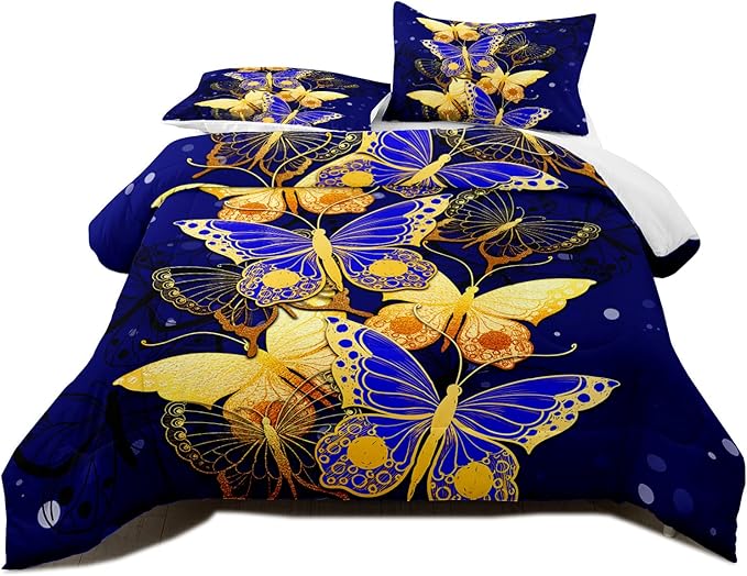 Butterfly Comforter Set, Bed Comforter Twin Set Bedroom Blue Gold Butterfly Bedding Sets for Girls Teens Retro Vintage Soft Quilt Set Twin Size, 2 Piece 1 Comforter + 1 Pillowcase