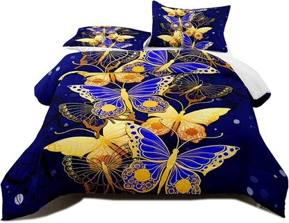 Butterfly Bedding Queen Size Comforter Set Blue Gold Butterfly Bedding Sets for Adult Teens Soft lightweight Bed Quilt Sets for Bedroom, 3 Piece 1 Comforter + 2 Pillowcases