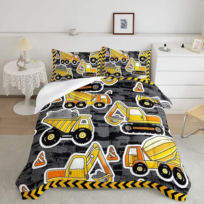 Datura home Kids Construction Truck Comforter Set for Boys Kids,Excavators Truck Machinery Vehicles Tractor Printed Bedding Set with 1 Comforter and 2 Pillowcases(Truck Yellow Queen)90x90in