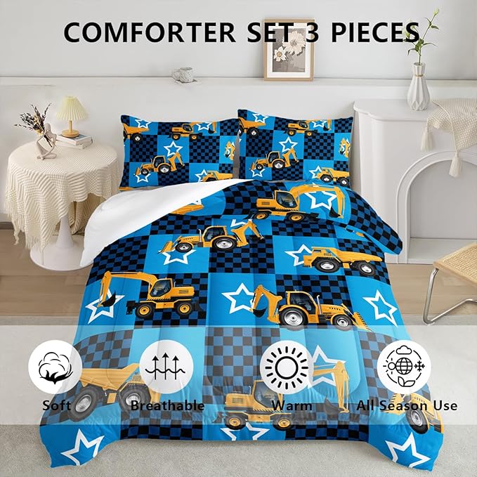 Axolotl Excavator Comforter Set Full Size,Blue Plaid Comforter Set with Star,Excavator Bedding Set for Kids Boys Teens,Construction Vehicle Comforter Set for Boys,1 Quilt 2 Pillowcases