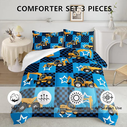 Axolotl Excavator Comforter Set Full Size,Blue Plaid Comforter Set with Star,Excavator Bedding Set for Kids Boys Teens,Construction Vehicle Comforter Set for Boys,1 Quilt 2 Pillowcases