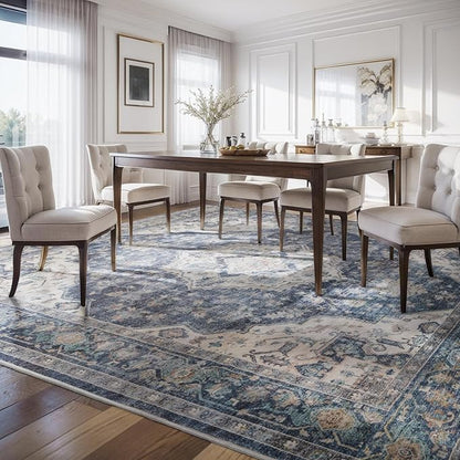 AMOAMI-Area Rug 5X7 Rugs for Living Room-Vintage Soft Blue Rugs for Bedroom-Non Slip Carpet-Machine Washable Rug for Dining Room Living Room Bedroom Office Under Table