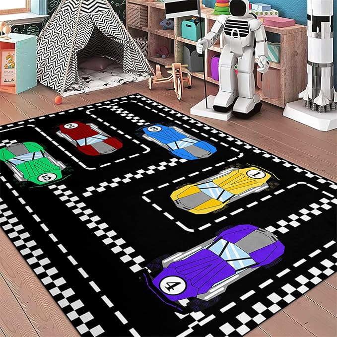 Car Rug Race Car Rug Car Track Rugs for Boys Race Track Carpet Race Car Track Rug Car Rug for Boys Room Car Rug Play Mat Car Carpet for Kids Rugs for Boys Bedroom,Black 5'×7'