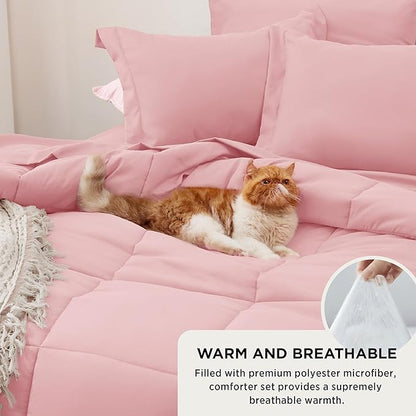 Bedsure Pink King Size Comforter Set - 7 Pieces Solid King Bed in a Bag, King Bed Set Pink with Comforters, Sheets, Pillowcases & Shams