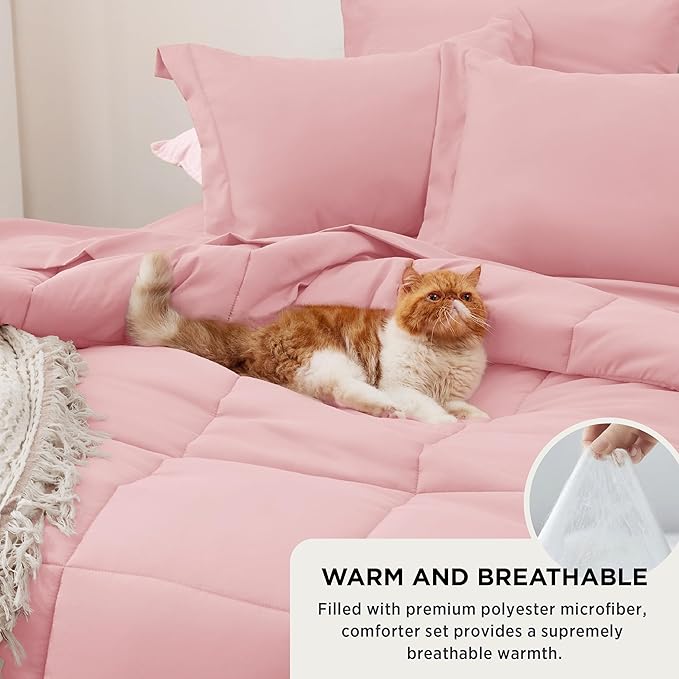 Bedsure Pink Queen Comforter Set - 7 Pieces Solid Queen Bed in a Bag, Queen Bed Set Pink with Comforters, Sheets, Pillowcases & Shams