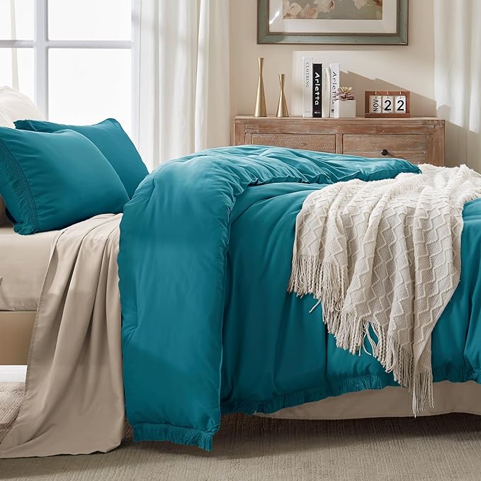 Andency Turquoise Comforter Twin Size, 2 Pieces Boho Teal Tassel Lightweight Bedding Comforter Sets for Twin Bed, Teal Blue All Season Soft Fluffy Fringe Bed Set (66x90In Comforter & 1 Pillowcase)