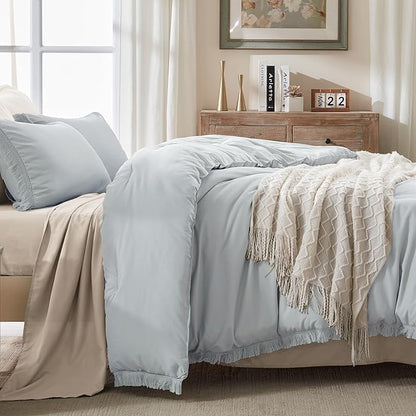 Andency Light Grey Comforter Set Queen, 3 Pieces Boho Tassel Lightweight Bedding Comforter Sets, All Season Soft Fluffy Fringe Bed Set (90x90In Comforter & 2 Pillowcases)