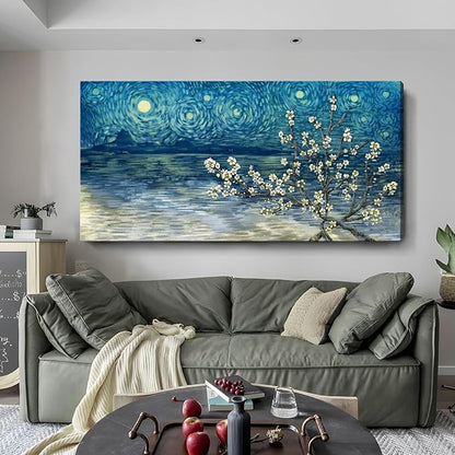 amatop Extra Large Wall Art Floral Tree Canvas Print for Living Room Bedroom Office– Oversized Plum Blossom Lake Landscape Picture Modern Blue Teal Nature Artwork Decor 58x29 Inch
