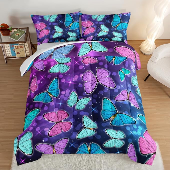 HOSIMA Butterfly Comforter Set with 2 Pillowcases,Glitter Purple Blue Butterfly Printed Bedding King Size Comforter Set for Adults Kids,Starry Sky Galaxy Comforter Butterfly Room Decor Aesthetics.