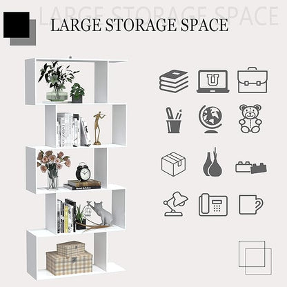 Yusong Bookshelf 5-Tier, Geometric Bookcase S Shaped Book Shelves for Bedroom, Modern Wood Decorative Display Shelf Book Case for Home Office, White