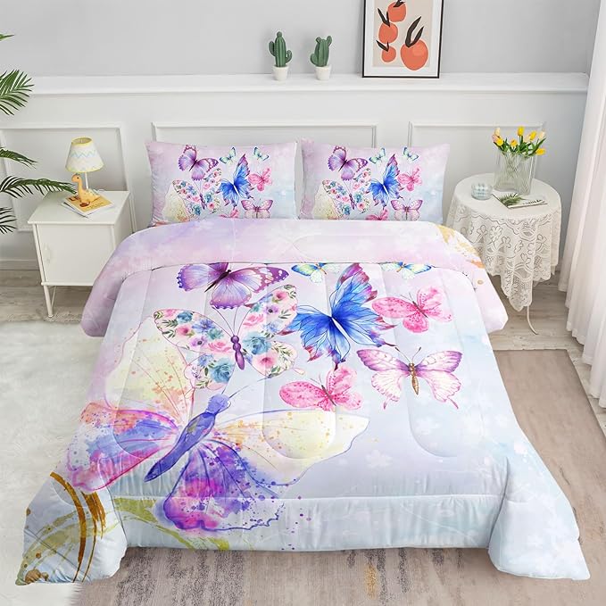 Datura home Watercolor Butterfly Comforter Bedding Set for Girls Kids Teens,Lightweight Colorful Floral Butterfly Printed Tie-dye with 2 Pillowcases(Watercolor Butterfly Queen),Butterfly Purple
