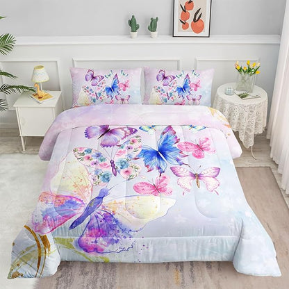 Datura home Watercolor Butterfly Comforter Bedding Set for Girls Kids Teens,Lightweight Colorful Floral Butterfly Printed Tie-dye with 2 Pillowcases(Watercolor Butterfly Queen),Butterfly Purple