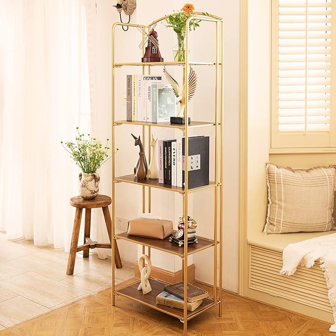 No Assembly Folding Bookshelf, 5 Tier Gold Bookshelf, Metal Book Shelf for Storage, Folding Bookcase for Office Organization and Storage, 12.87" D x 22.91" W x 68.1" H
