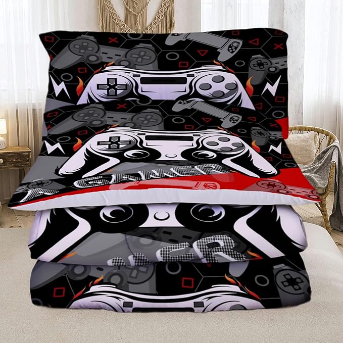 Sunnycitron Red Gamer Comforter Set for Boys Gaming Bedding Set Teens Game Room Decor Twin (1 Comforter + 2 Pillowcase)