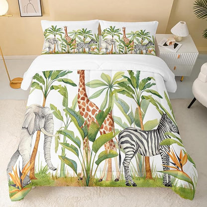 Wild Animal Comforter Full Size,Elephant Giraffe Zebra Kids Comforter Set,Jungle Comforter,3Pcs Bedding Set Printed Comforter with 2 Pillowcases,Down Alternative,Soft and Lightweight