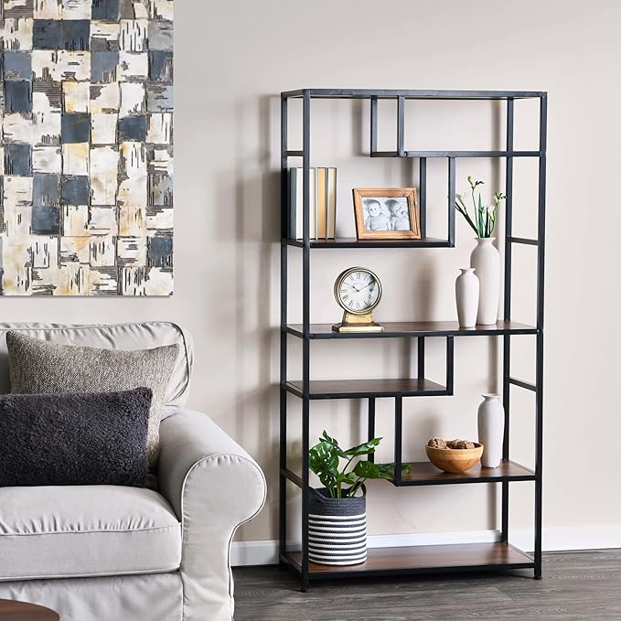 Household Essentials Jamestown Tall 6 Shelf Open Storage Bookshelf Mid Century Walnut Wood Grain and Black Metal