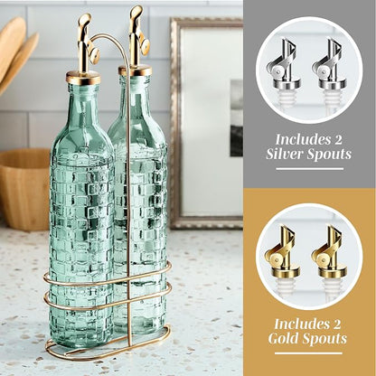 COOK WITH COLOR Glass Olive Oil Bottle Dispenser - 2 Pack- 17oz Oil and Vinegar Cruet - Olive Oil Carafe Decanter for Kitchen, Checkered, Green
