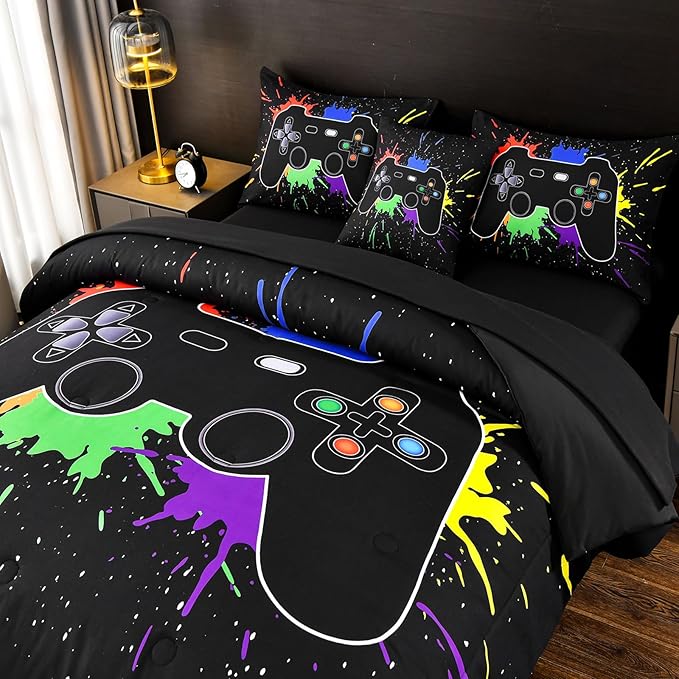 DORCAS Full Size Gamer Comforter Set with Sheets for Boys,Game Console Black Bedding Set for Kids,6 Pieces Bed in a Bag Colorful Graffiti Gaming Controller Comforter,Sheets,Pillowcases (Black, Full)