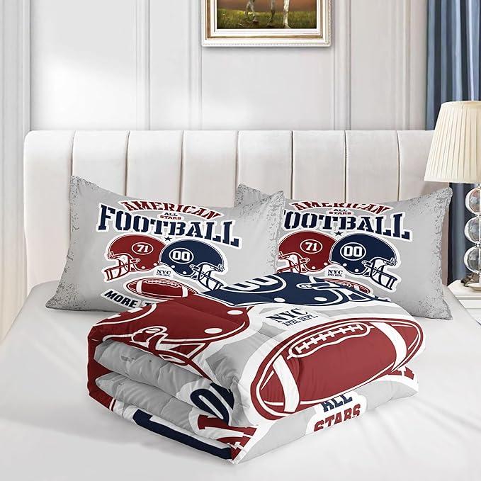 Datura home American Football Comforter Set Vintage Grey American Football Printed Quilt Bedding Set with 1 Comforter and 2 Pillowcases for Boys and Girls Bedroom All Season(Football Grey Full)