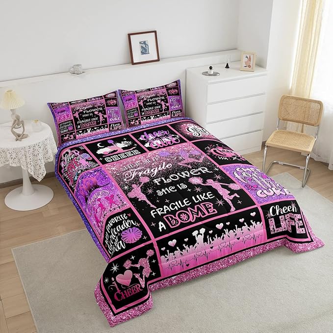Cheerleading Comforter Set Cheer Gifts,Cheerleader Loves Bedding Set for Kids Girls Teens Adult,Cheer Pink (no real) Sequins Quilt Set Full Geometric Plaid Patchwork Duvet Insert with 2 Pillowcases