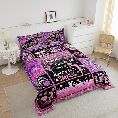Cheerleading Comforter Set Cheer Gifts,Cheerleader Loves Bedding Set for Kids Girls Teens Adult,Cheer Pink (no real) Sequins Quilt Set Twin Geometric Plaid Patchwork Duvet Insert with 1 Pillowcase