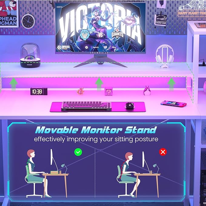 Gaming Desk with Lights & Power Outlets, 39.4' Computer Desk with Shelves, Small Desk for Small Space, Writing Desk with Monitor Stand, White