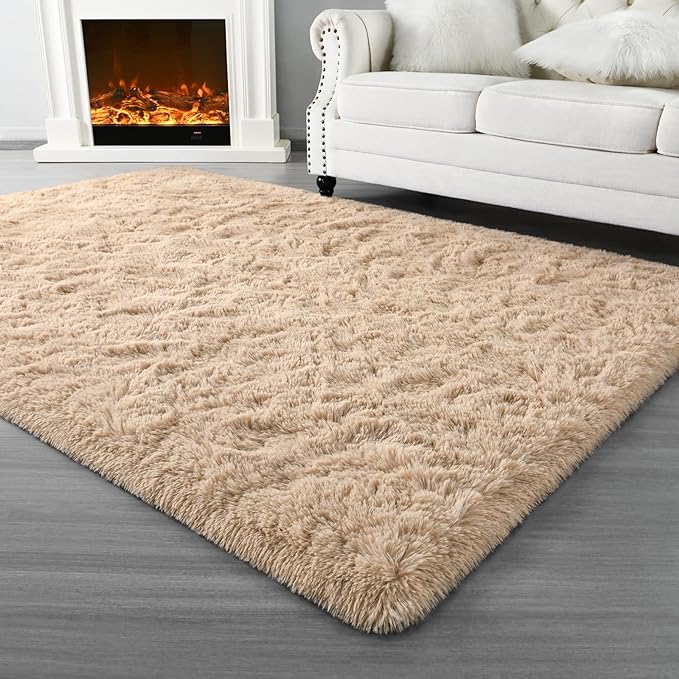 Super Soft Fluffy Shaggy Rugs for Living Room Bedroom, Fuzzy Plush Area Rugs for Girls Kids Room Nursery Home Decor, Furry Dorm Rug Cute Non-Slip Indoor Floor Carpet 6x9 Feet, Beige