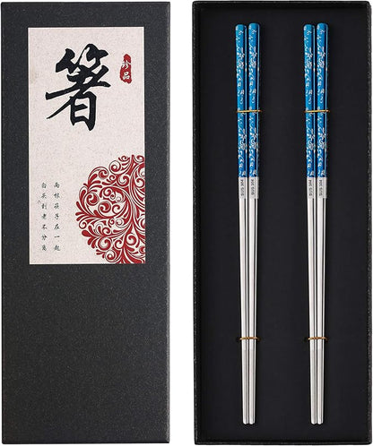 Titanium Plated Chopstick Stainless Steel Chopsticks Metal Chopsticks Reusable Dishwasher safe Premium Laser Engraved Chop Sticks for Eating 2 Pairs Gift Set Blue Silver