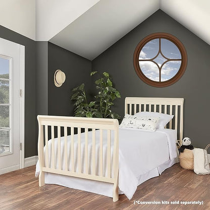 Aden 4-in-1 Convertible Mini Crib In French White, Greenguard Gold Certified, Non-Toxic Finish, New Zealand Pinewood, With 3 Mattress Height Settings