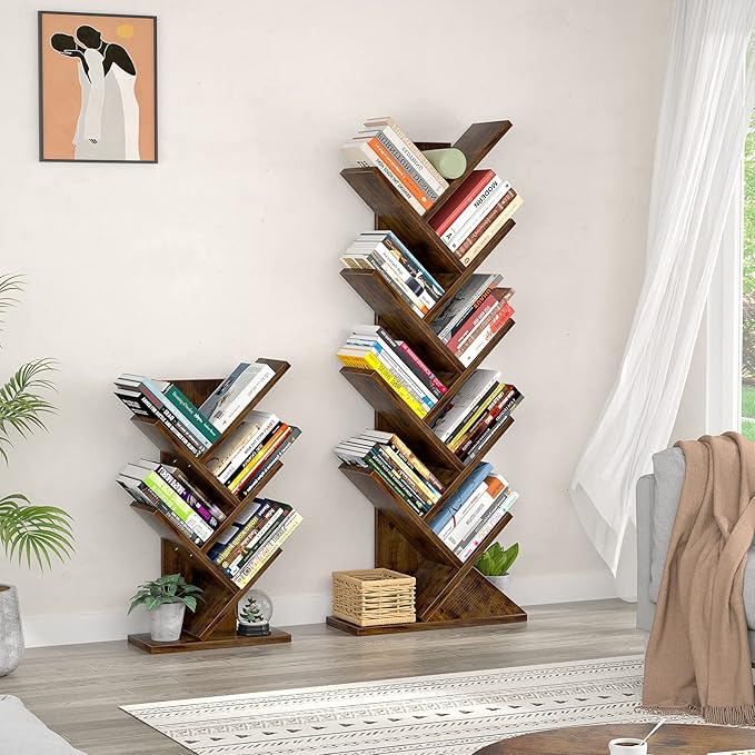 Topfurny Tree Bookshelf, 9-Tier Shelf Rustic Brown Bookcase, Retro Wood Storage Rack for CDs/Movies/Books, Anti-Fall Utility Organizer Shelves for Living Room, Bedroom, Home Office, Rustic