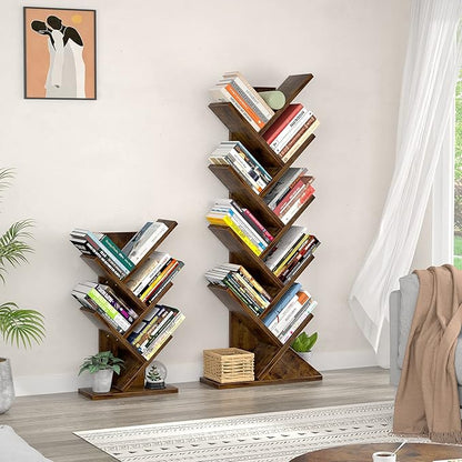 Topfurny Tree Bookshelf, 9-Tier Shelf Rustic Brown Bookcase, Retro Wood Storage Rack for CDs/Movies/Books, Anti-Fall Utility Organizer Shelves for Living Room, Bedroom, Home Office, Rustic