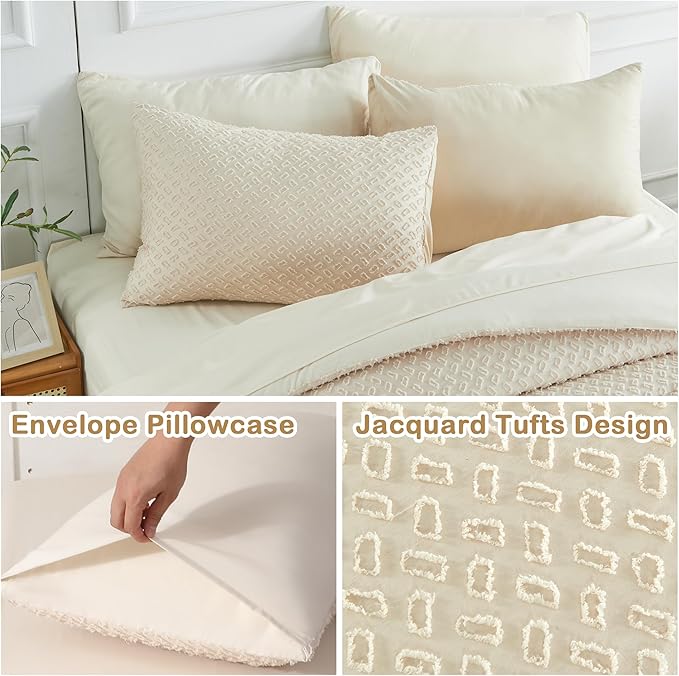 Queen Size Kids Comforter Set for Girls 7 Piece Beige Boho Tufted Kids Bedding Set for Boys Bed in A Bag Quilt Set with 1 Comforter,1 Flat Sheet, 1 Fitted Sheet, 2 Pillowcase and 2 Pillow Sham