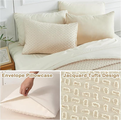 Twin Size Tufted Kids Comforter Set 6 Piece Beige Jacquard Tufts Embroidery Bedding Set for Boys Girls Bed in A Bag Quilt with 1 Comforter, 1 Flat Sheet, 1 Fitted Sheet, 1 Pillowcase and 2 Pillow Sham