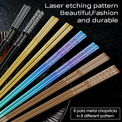 8 Pairs Metal Chopsticks Reusable Multicolor Stainless Steel Chopsticks Set Laser Engraved Non-slip Japanese Korean Chinese Chopstick for Cooking Eating Dishwasher Safe 9.25" Chop Sticks Gift Set