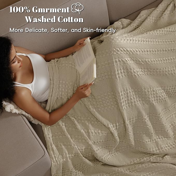 PHF 100% Cotton Waffle Weave Blanket King Size, Soft Lightweight Breathable Cozy Summer Blankets for Bed, Luxury Aesthetic Woven Bedding for Home Decor, 108"x90", Khaki