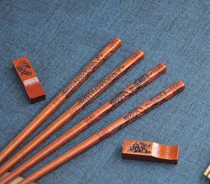 Dragon & Phoenix Reusable Chopsticks Set with Holders - Wooden Chopsticks 2 Pairs for Wedding & Anniversary Gift (Dragon and Phoenix)