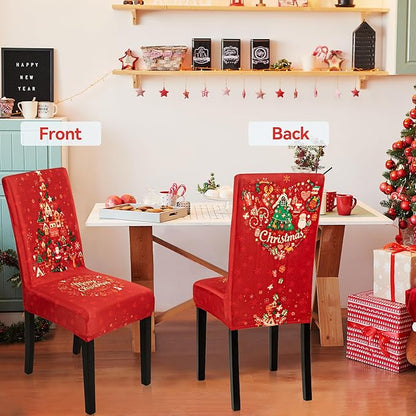 4PCS Christmas Dining Chair Covers, Stretch Removable Washable Dining Room Chair Protector Slipcovers, Xmas Tree Heart Kitchen Chair Cover, Slipcover Protector for Xmas Holiday Party Home Décor