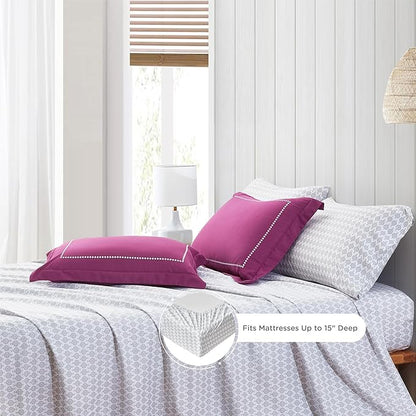 Degrees of Comfort Twin XL Complete Comforter Sets, Lattice Boho Bed in A Bag,Microfiber Bedding Set with Side Pockets, Matching Decorative Pillow, 6 Piece Purple