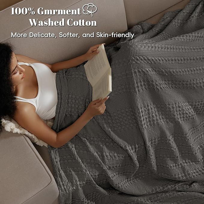 PHF 100% Cotton Waffle Weave Blanket Queen Size, Soft Lightweight Breathable Cozy Summer Blankets for Bed, Luxury Aesthetic Woven Bedding for Home Decor, 90"x90", Charcoal Grey