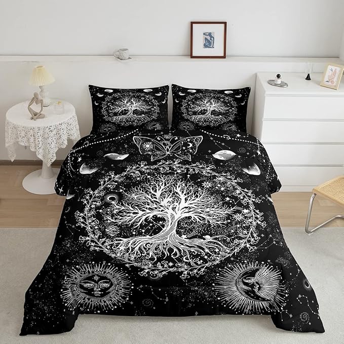Feelyou Sun and Moon Comforter Bohemian Tree Butterfly Style Bedding Set Psychedelic Hippie Comforter Set for Boys Girls Children Teens Bedroom Decor Galaxy Astrology Duvet Set Full Size